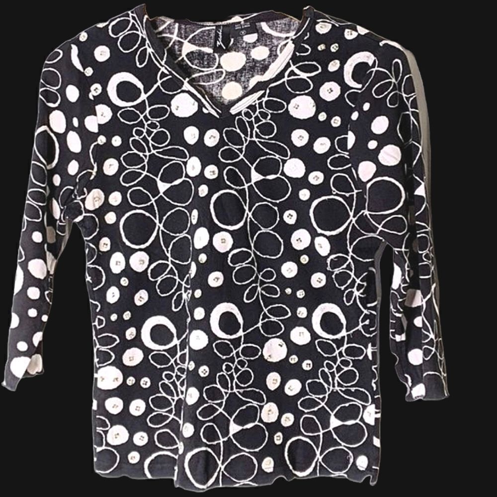 Zashi Black White Cotton Geometric V Neck Long Sleeve Embellished T Shirt size M